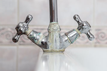 Hard water scale and mineral crust built up on a chrome bathroom faucet