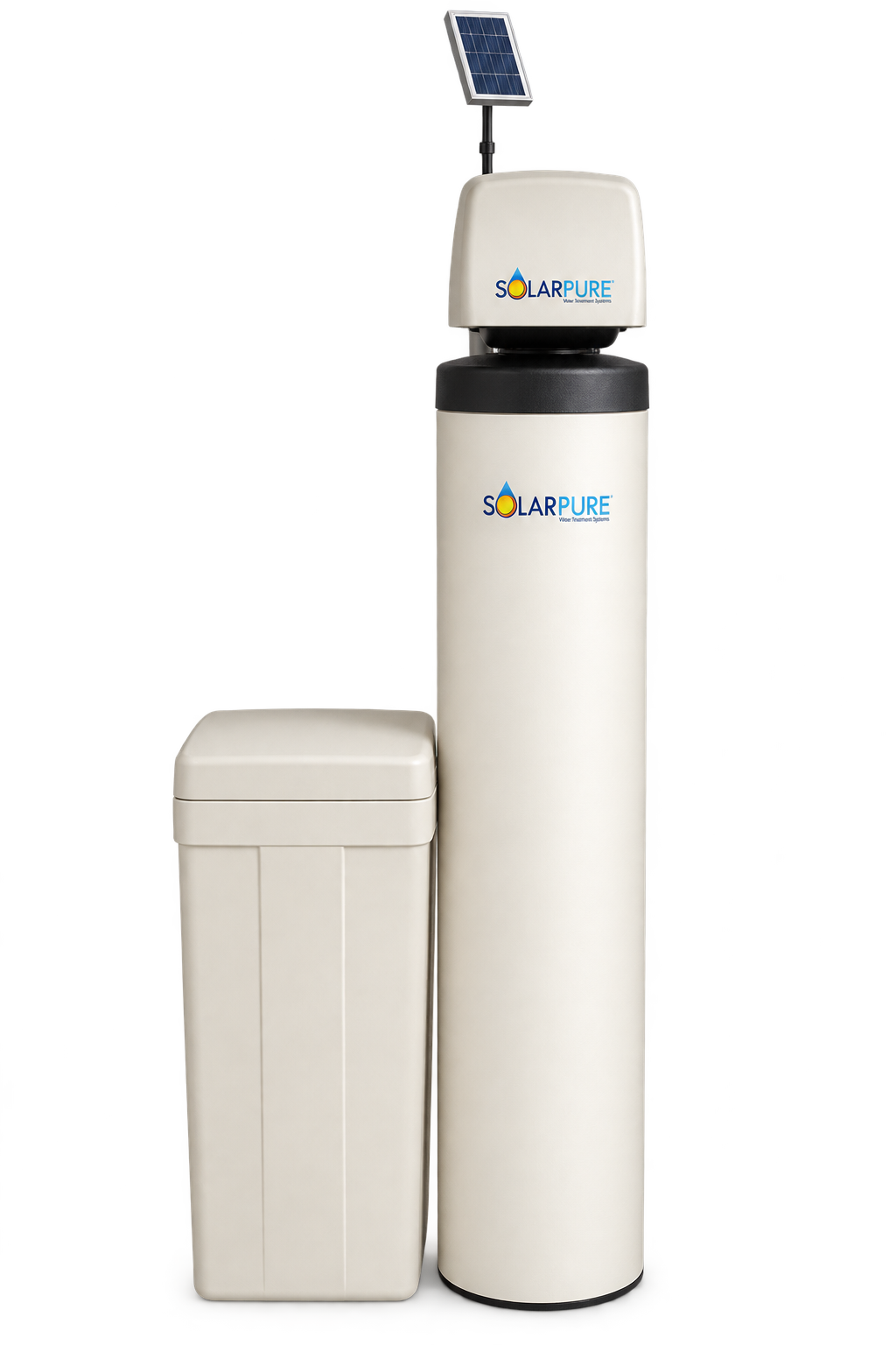 SolarPure whole home water treatment system with almond treatment tank, salt tank and compact solar panel