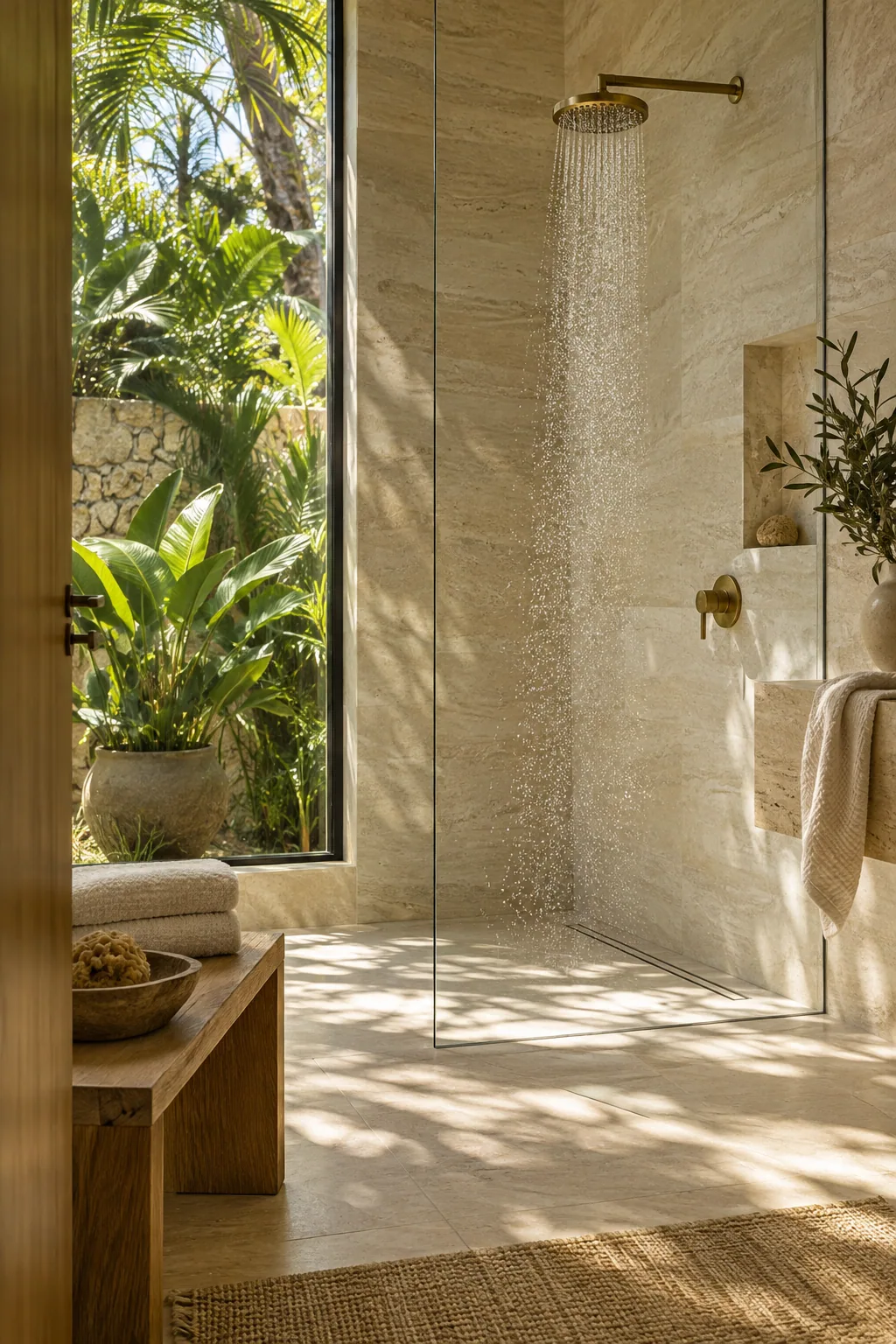 Sunlight falling across a stone shower and flowing water