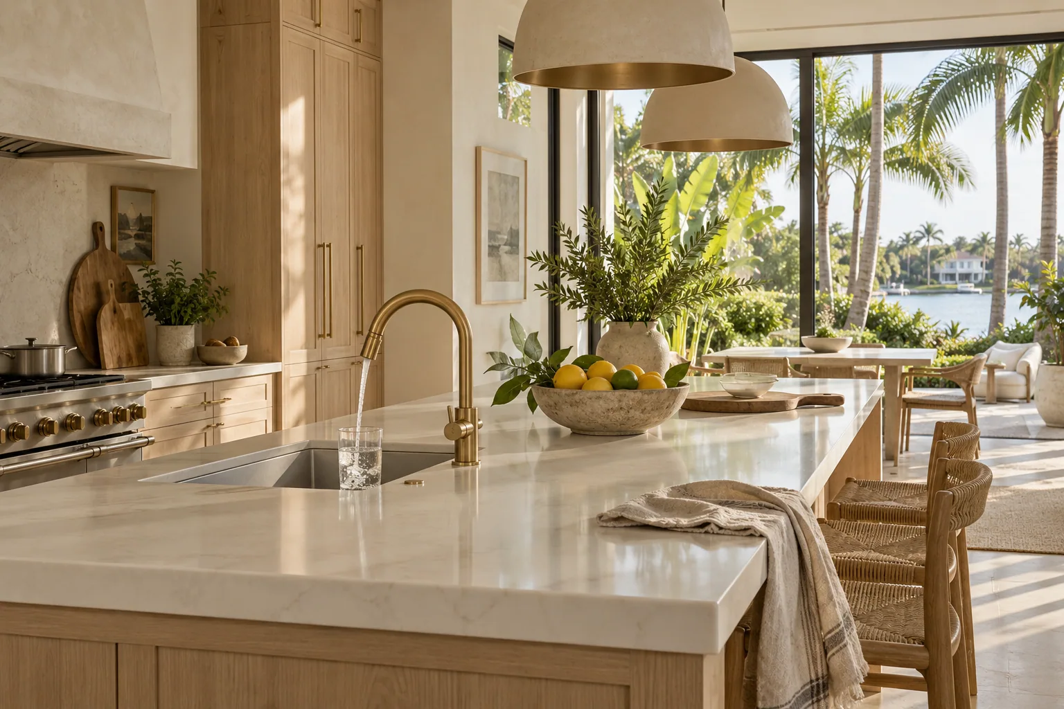 Warm sunlight across a coastal kitchen